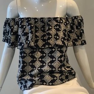 Zara Basics navy & cream ruffled embroidered top shirt blouse Size L ( 10 12 )